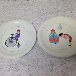 Vintage, Ideal, Childs, 2-pc 6in D, White Plates with Biker and Colonial Couple