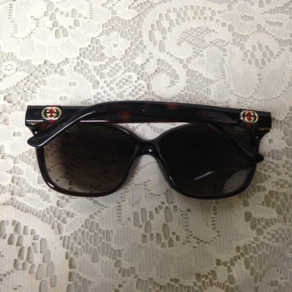 Gucci, Italy, Brown Tortoise with Red and Green Band Sunglasses With Brown Case