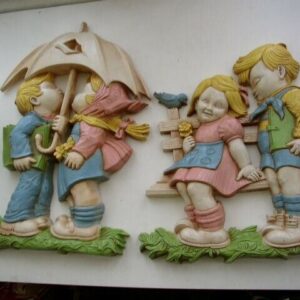 1972, Dart Ind., Pair of 10in x 10in Boy and Girl Wall Plaque or Decor