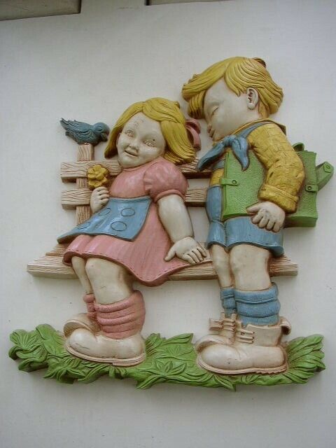 1972, Dart Ind., Pair of 10in x 10in Boy and Girl Wall Plaque or Decor