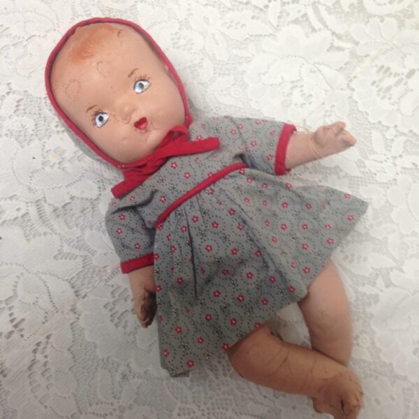 1930s 12-inch Composition Doll in Blue Printed Dress