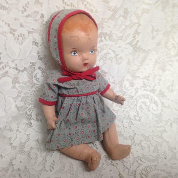 1930s 12-inch Composition Doll in Blue Printed Dress