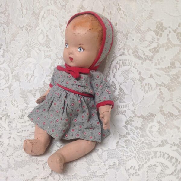 1930s 12-inch Composition Doll in Blue Printed Dress