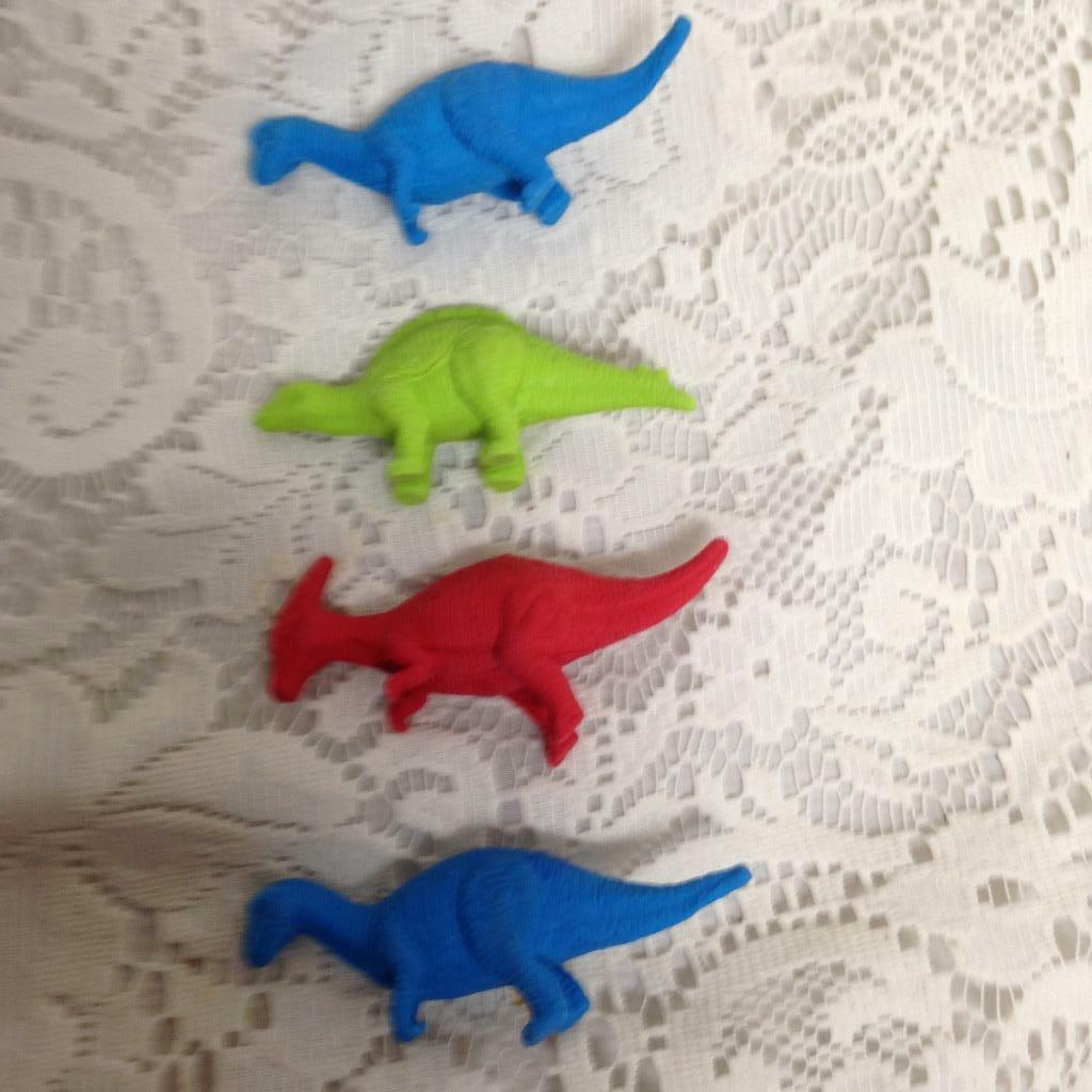 Vintage, Four (4) Colorful Figural DinoSaurs Erasers 3in x 1.25in (B)