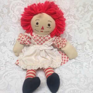 Hand Crafted 16in Raggedy Ann Doll in Red Hearts Printed Dress