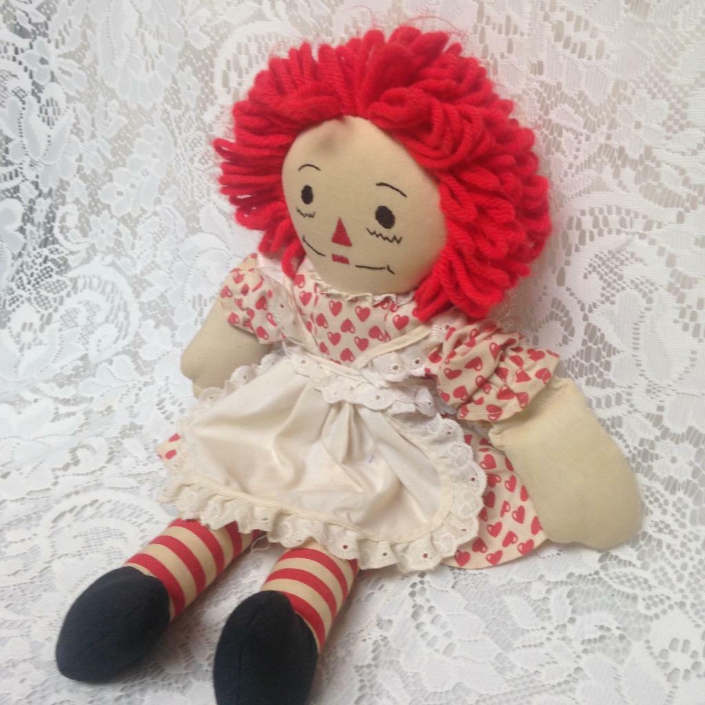 Hand Crafted 16in Raggedy Ann Doll in Red Hearts Printed Dress