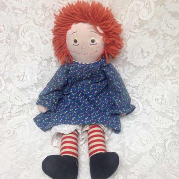 Hand Crafted 20in Raggedy Ann Doll in Blue Printed Dress