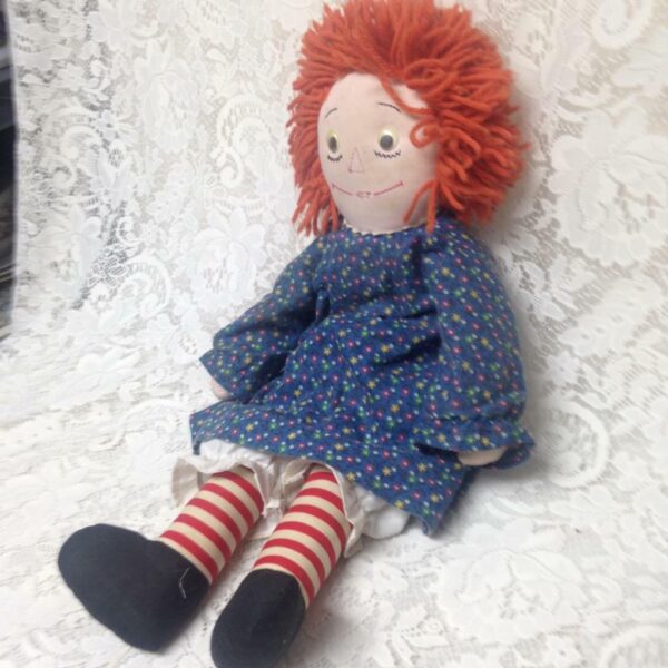 Hand Crafted 20in Raggedy Ann Doll in Blue Printed Dress