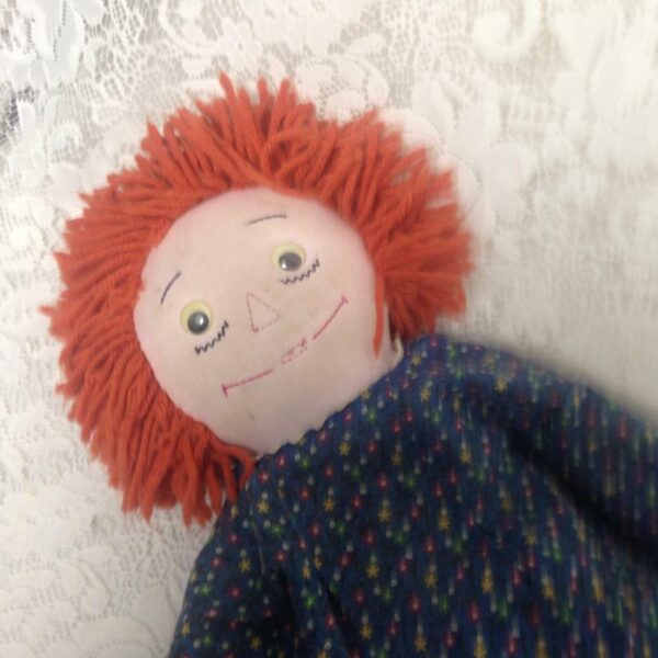 Hand Crafted 20in Raggedy Ann Doll in Blue Printed Dress