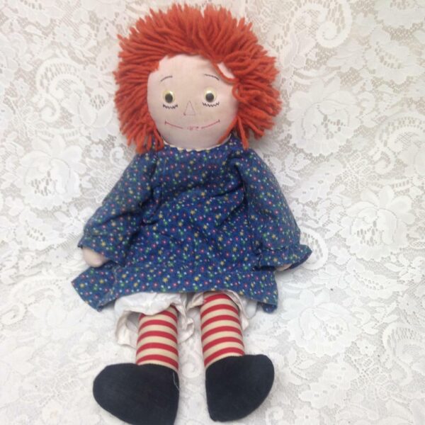 Hand Crafted 20in Raggedy Ann Doll in Blue Printed Dress