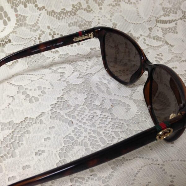 Gucci, Italy, Brown Tortoise with Red and Green Band Sunglasses With Brown Case