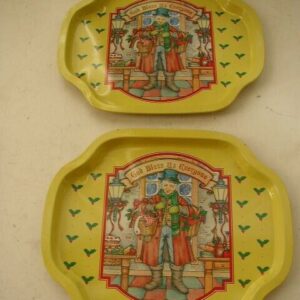 Vintage, 2-pc Child's God Bless Everyone Christmas Tin Trays