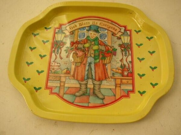 Vintage, 2-pc Child's God Bless Everyone Christmas Tin Trays