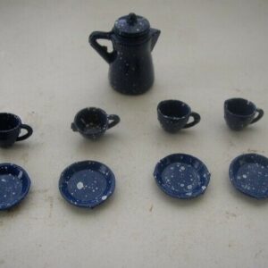 Dollhouse, 10pc Blue Speckled Enamelware-Graniteware Miniature Coffee TeaSet