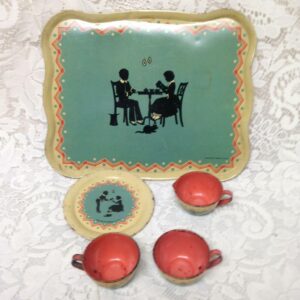 1937 Ohio Art, Rare Blue Silhouette Child's Tin Tea Set