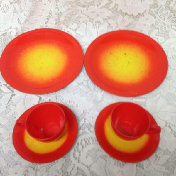 1960-70s 6-pc Orange Yellow Child’s Tin Tea Set