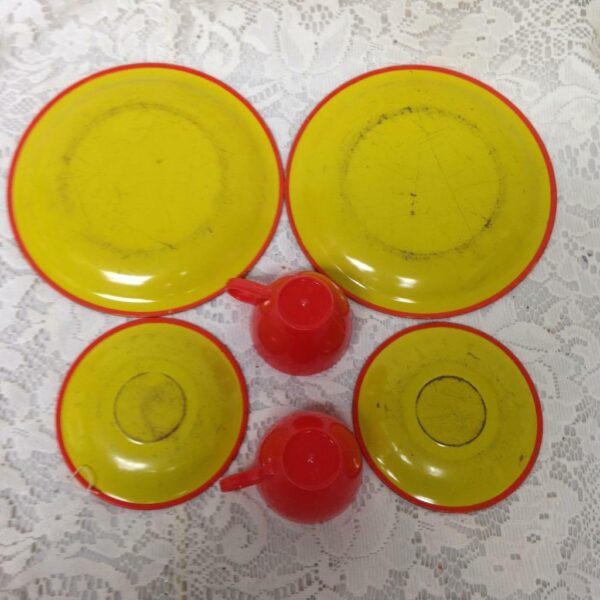 1960-70s 6-pc Orange Yellow Child’s Tin Tea Set