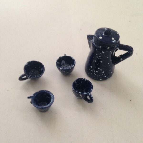 Vintage Doll House Miniatures, 6pc Blue Enamelware Tea Set (1/2-1.5in)