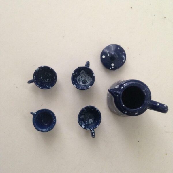 Vintage Doll House Miniatures, 6pc Blue Enamelware Tea Set (1/2-1.5in)