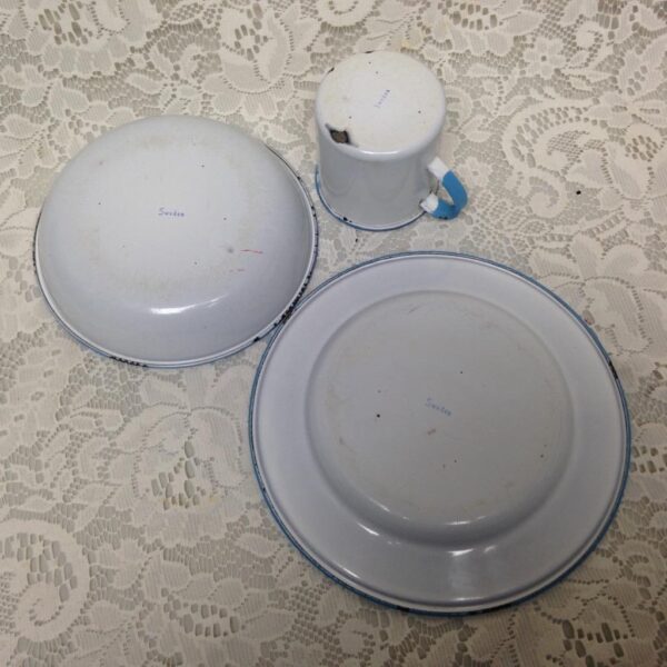 Vintage, Sweden, Childs 3-pc Enamelware Cup, Bowl and Plate Set