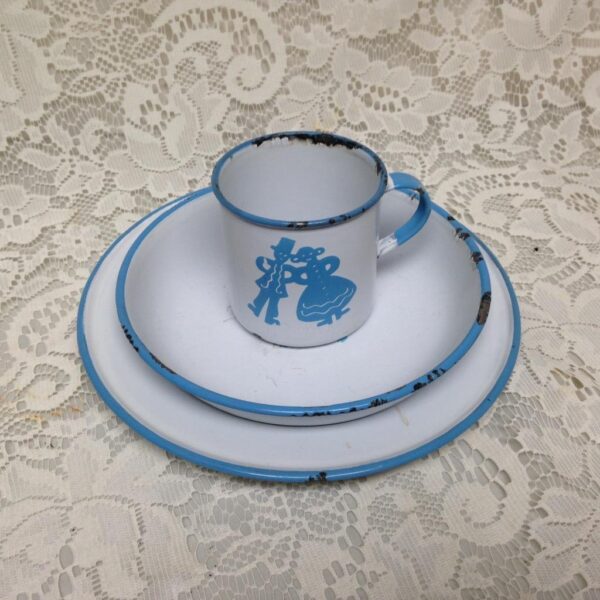 Vintage, Sweden, Childs 3-pc Enamelware Cup, Bowl and Plate Set