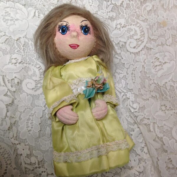 Vintage, Handcrafted Paper Mache Head-13in Doll with Gown Covered Secret Bottle