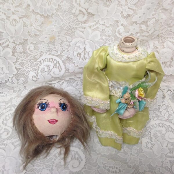 Vintage, Handcrafted Paper Mache Head-13in Doll with Gown Covered Secret Bottle