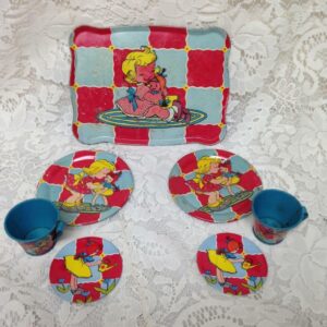 1950 Ohio Art ,Girl with Dolly, 7pc Childs Tin Tea Set