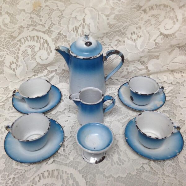 Antique, Rare, French Flow Blue Enamelware, 12pc Childs Tea Set