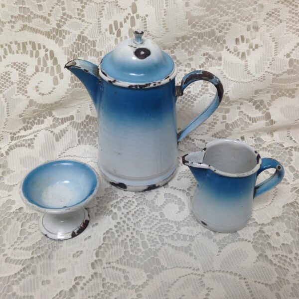 Antique, Rare, French Flow Blue Enamelware, 12pc Childs Tea Set