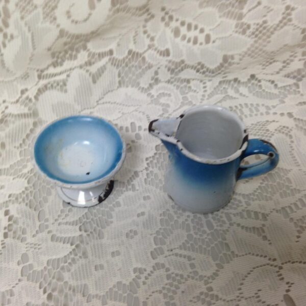 Antique, Rare, French Flow Blue Enamelware, 12pc Childs Tea Set