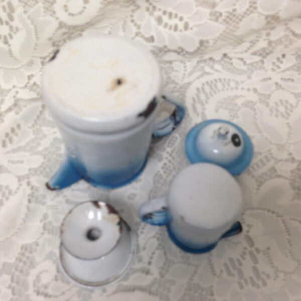 Antique, Rare, French Flow Blue Enamelware, 12pc Childs Tea Set