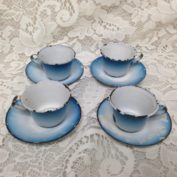 Antique, Rare, French Flow Blue Enamelware, 12pc Childs Tea Set