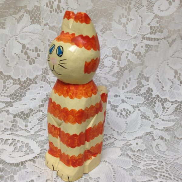 Colorful, Carved Wood, Orange and White Stripes Painted Cat 6in x 2.5in x 2in