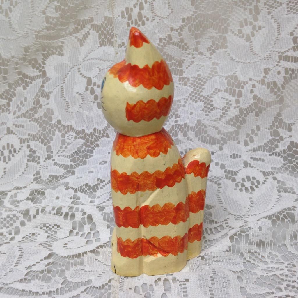 Colorful, Carved Wood, Orange and White Stripes Painted Cat 6in x 2.5in x 2in