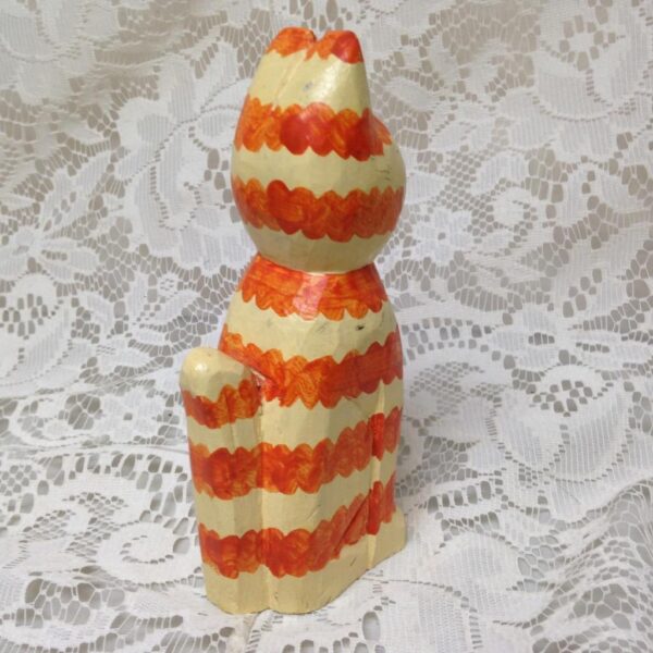 Colorful, Carved Wood, Orange and White Stripes Painted Cat 6in x 2.5in x 2in