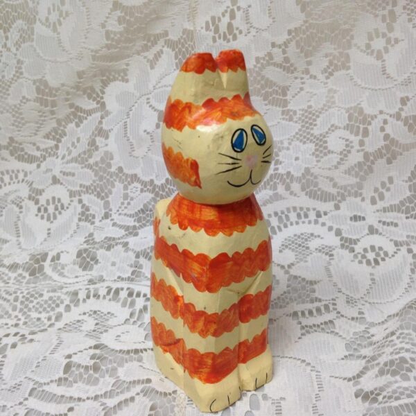 Colorful, Carved Wood, Orange and White Stripes Painted Cat 6in x 2.5in x 2in