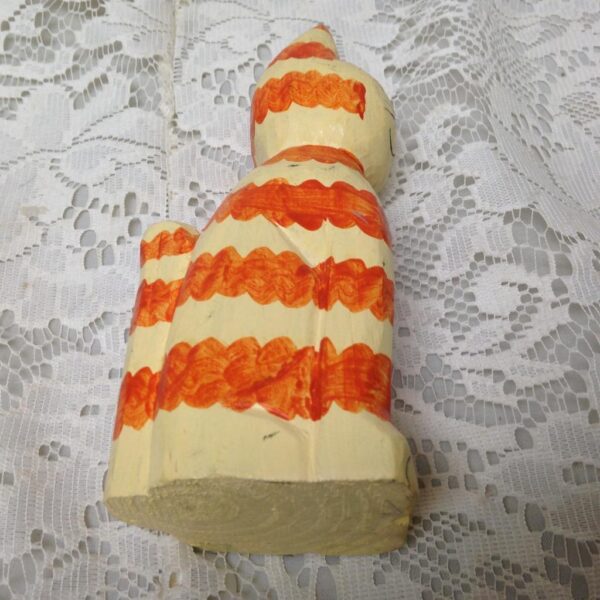 Colorful, Carved Wood, Orange and White Stripes Painted Cat 6in x 2.5in x 2in