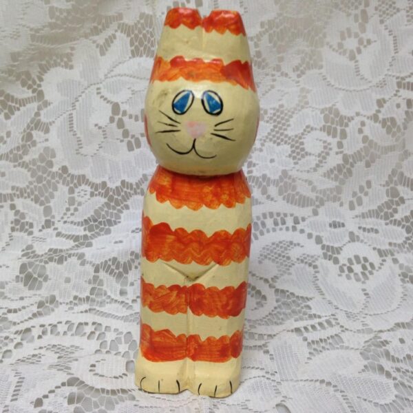 Colorful, Carved Wood, Orange and White Stripes Painted Cat 6in x 2.5in x 2in