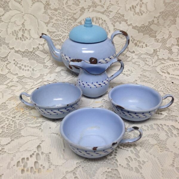 Vintage, Rare, Blue Enamelware, 6pc Childs Tea Set