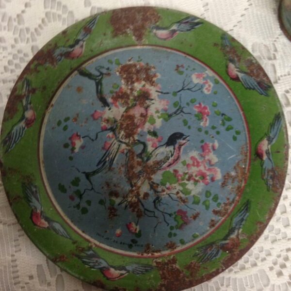 1929 Ohio Art Bluebirds and Blossoms Childs 2pc Tin Dishes