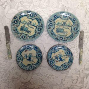 1940s Wolverine, Delft 6-pc Child's Tin Dishes and Knives