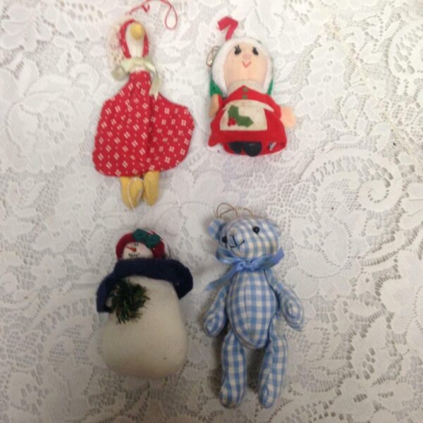 4pc Lot Christmas Ornament Stuffed Mrs. Santa, Bear, Snowman and Goose 4in-6in