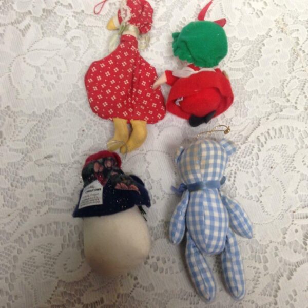 4pc Lot Christmas Ornament Stuffed Mrs. Santa, Bear, Snowman and Goose 4in-6in