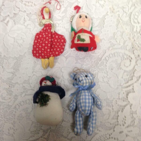 4pc Lot Christmas Ornament Stuffed Mrs. Santa, Bear, Snowman and Goose 4in-6in