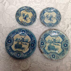 1940s Wolverine, Delft 4-pc Child's Tin Dishes