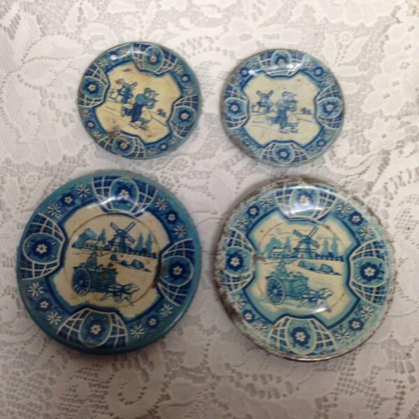 1940s Wolverine, Delft 4-pc Child's Tin Dishes