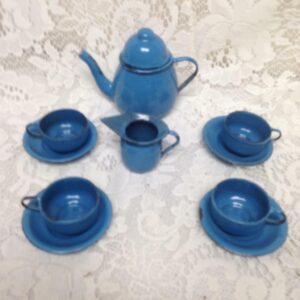 Vintage, 11-pc French Blue Enamelware Child's Tea Set