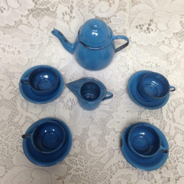 Vintage, 11-pc French Blue Enamelware Child's Tea Set