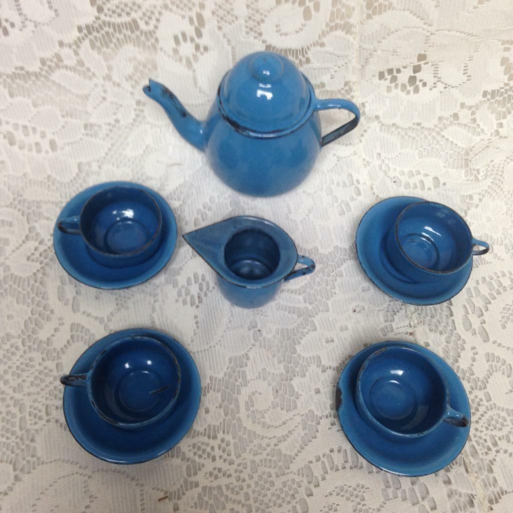 Vintage, 11-pc French Blue Enamelware Child’s Tea Set